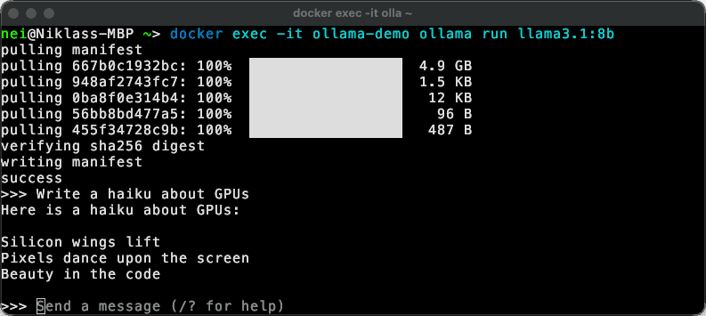 Running llama3.1:8b via GTAP. The model pulls and generates a response, all computed on the remote GPU.