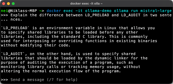 Running Mistral Large at 123 billion parameters. 73 GB of VRAM, streamed from the remote DGX Spark.