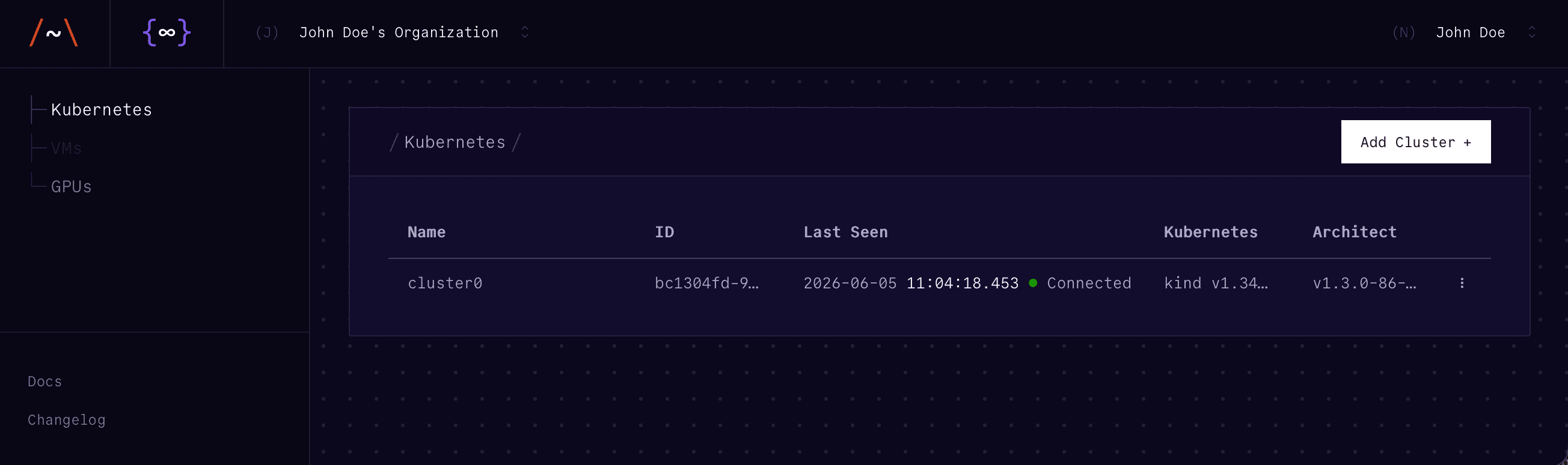 Console cluster overview showing registered clusters with their ID, last-seen time, Kubernetes version, Architect version, and connection status